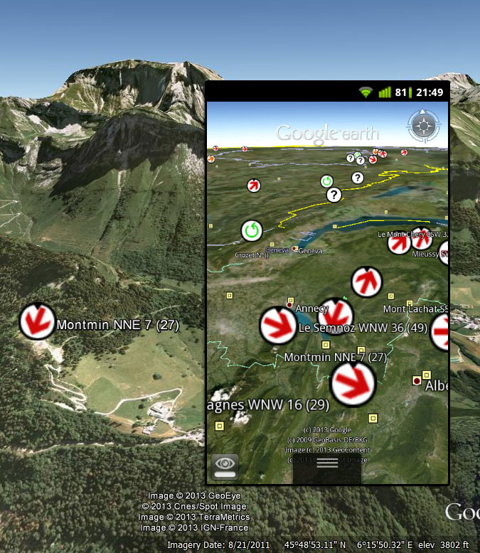 Capture d'écran balises FFVL Google Earth et Google Earth mobile